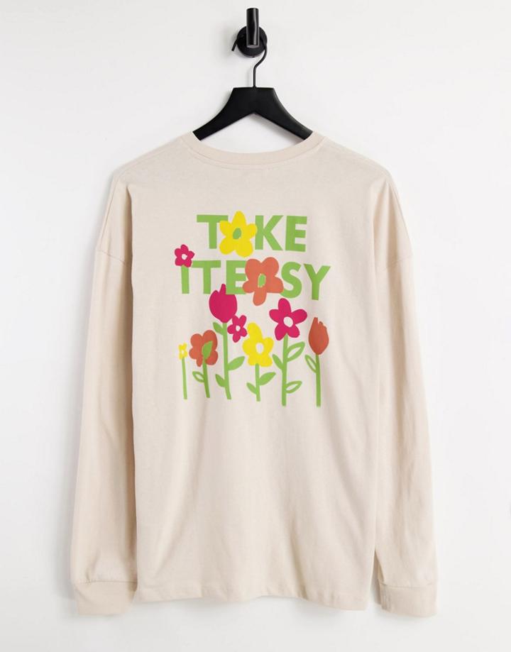 Topshop Flower Print Long Sleeve Skate Top In Camel-neutral
