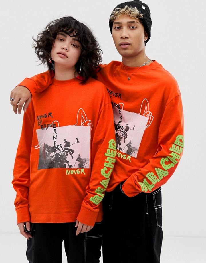Collusion Unisex Long Sleeve T-shirt With Graphic Print In Orange - Orange