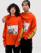 Collusion Unisex Long Sleeve T-shirt With Graphic Print In Orange - Orange