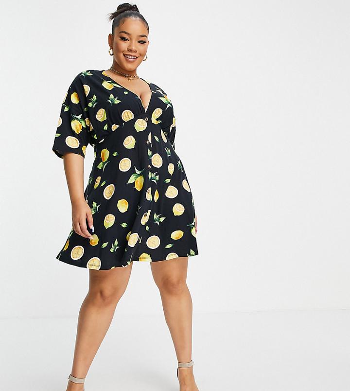 Asos Design Curve Tea Dress With Horn Buttons In Lemon Print-multi