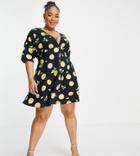 Asos Design Curve Tea Dress With Horn Buttons In Lemon Print-multi