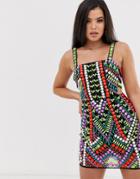 Asos Design Geo-tribal Embellished Strappy Back Mini Dress - Multi