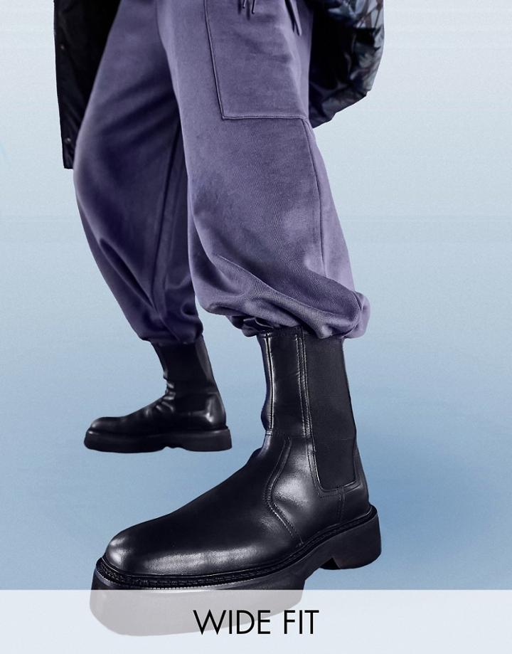 Asos Design Black Leather Calf Boot With Chunky Sole