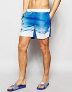 Asos Mid Length Swim Shorts With Beach Scene - Blue
