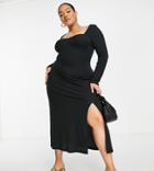 Asos Design Curve Sweetheart Neck Ribbed Midi Dress With Long Sleeves In Black
