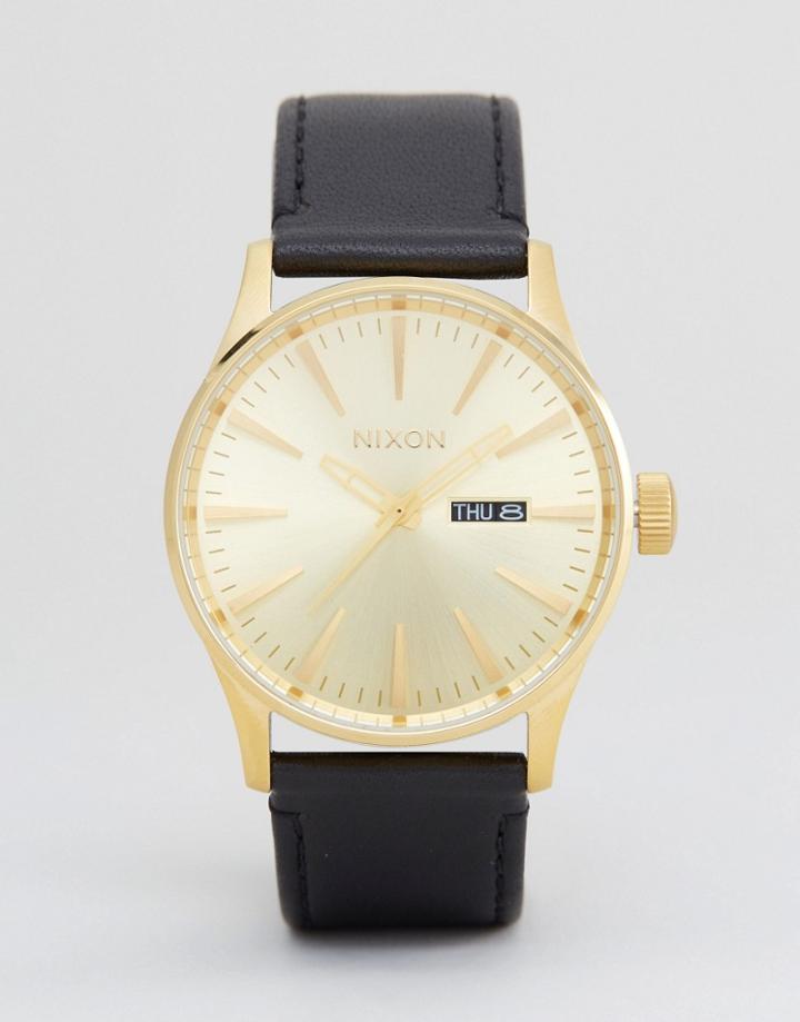 Nixon Sentry Leather Watch In Black - Black