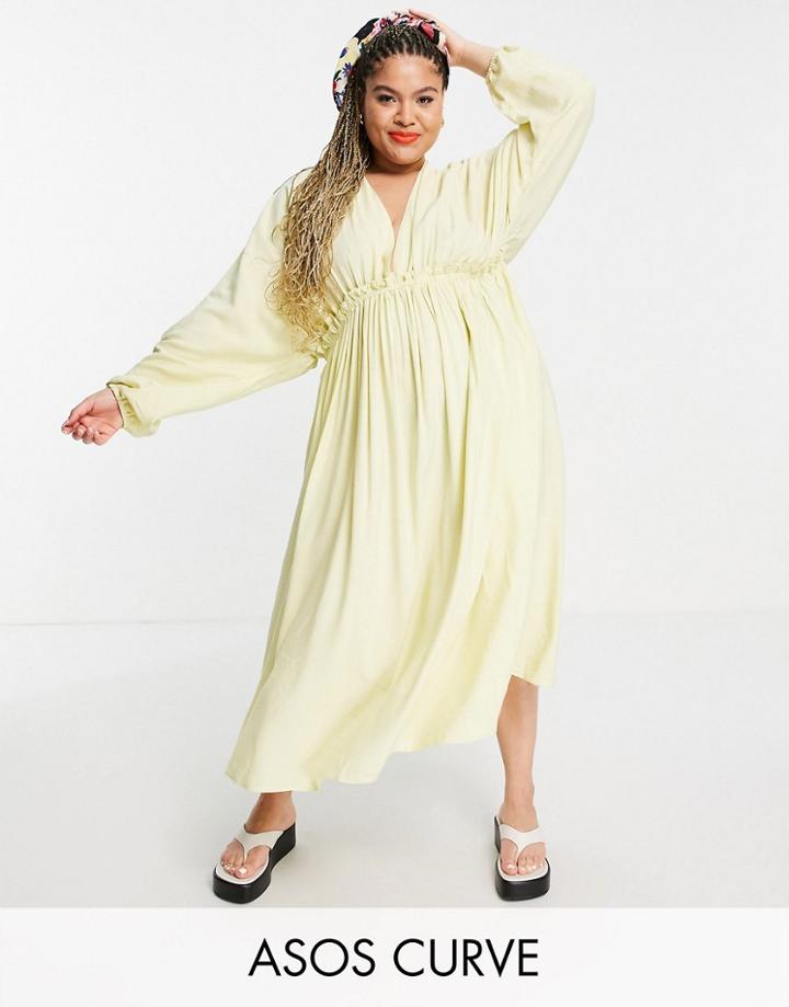 Asos Edition Curve Gathered Waist Batwing Midi Dress In Washed Lime-green