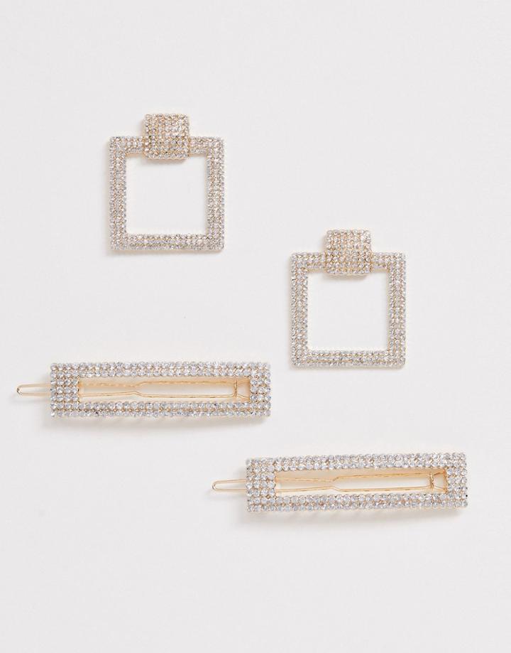 Asos Design Crystal Open Drop Earrings And Snap Hair Clips In Gold Tone - Gold
