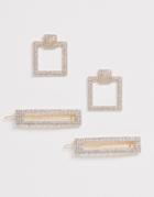 Asos Design Crystal Open Drop Earrings And Snap Hair Clips In Gold Tone - Gold