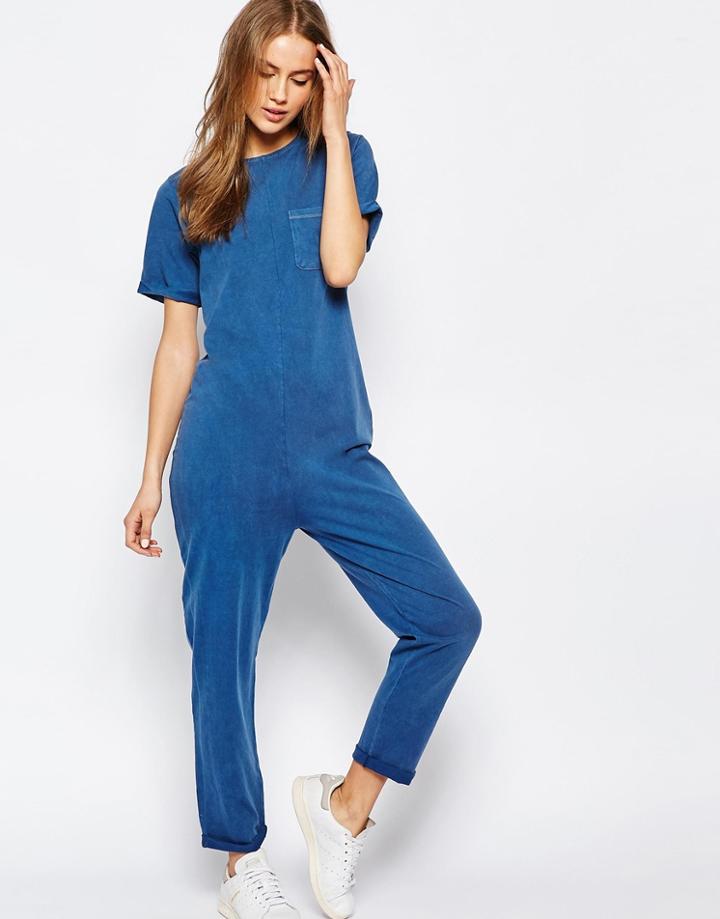 Asos Minimal Jersey Jumpsuit In Denim Look - Blue