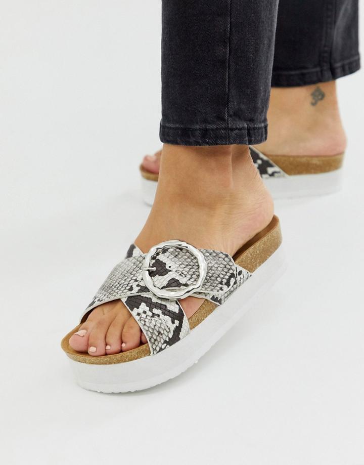 New Look Buckle Detail Platform In Snake-brown