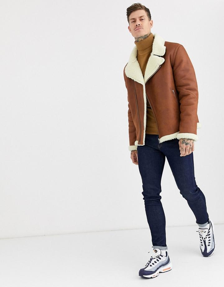 Asos Design Faux Shearling Biker Jacket With Fleece Lining In Tan