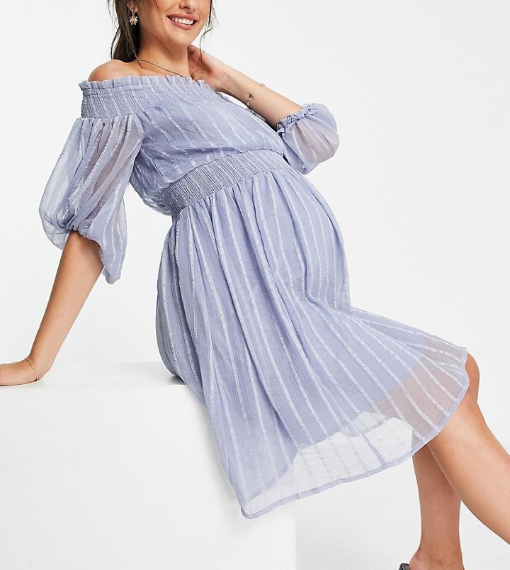 Asos Design Maternity Off Shoulder Mini Dress With Blouson Sleeve In Self Stripe-blues