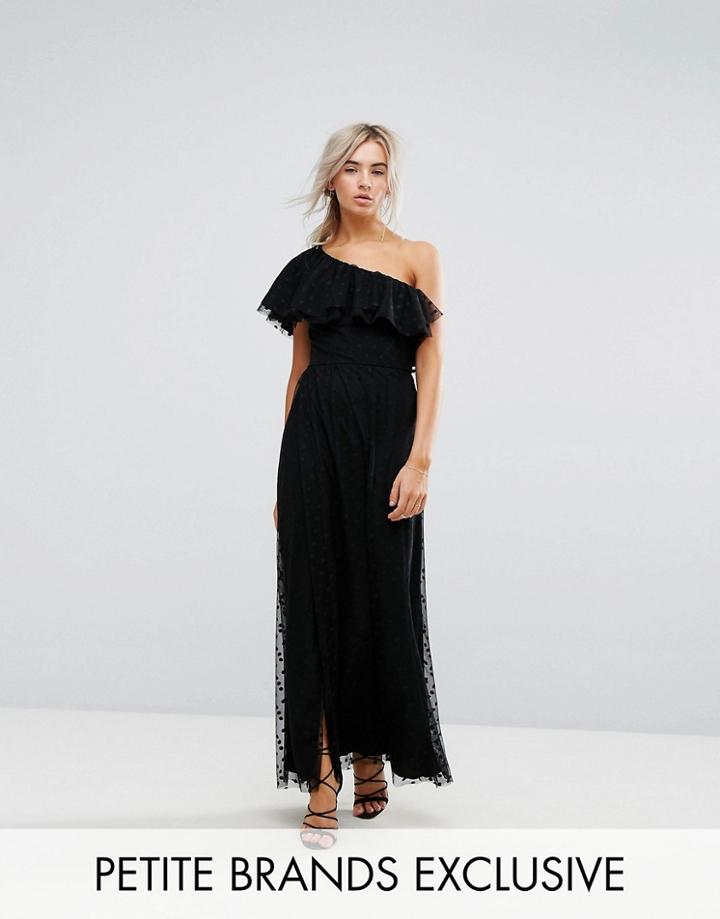 John Zack Petite One Shoulder Maxi Dress In Dotty Mesh - Black
