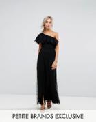 John Zack Petite One Shoulder Maxi Dress In Dotty Mesh - Black