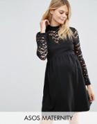 Asos Maternity High Neck Skater Dress With Lace Insert - Black