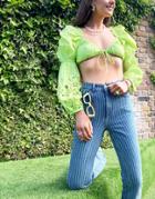 Bershka Crop Blouse With Cut-out Floral Detail In Lime-green
