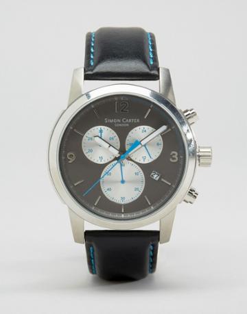Simon Carter Leather Chronograph Watch With Gray Dial - Black