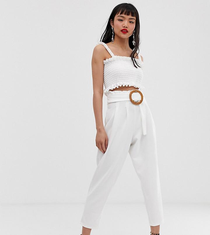 Asos Design Petite Paperbag Waist Pants With Rattan Belt - White
