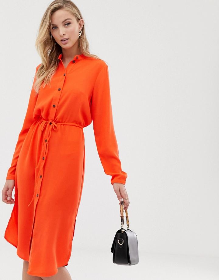 Vila Tie Waist Collarless Shirt Midi Dress - Red