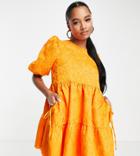 Asos Design Petite Jacquard Tiered Mini Dress With Bellow Pockets In Pop Orange