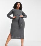 I Saw It First Plus Tie Waist Rib Dress In Charcoal-gray