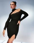 Asos Design Long Sleeve Tuck Lace Trim Choker Mini Dress In Black