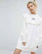 Lazy Oaf Mono High Neck Frill Sweat Dress With Front Lazy Slogan - Whi