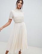 Asos Design Midi Dress With High Neck Crop Top In Delicate Embellishment - Cream