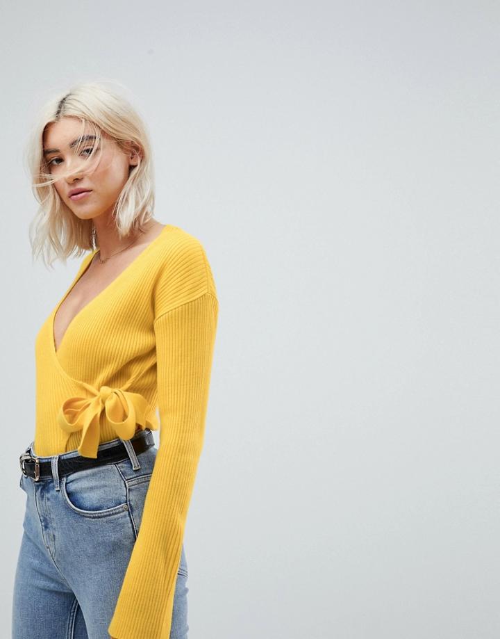 Asos Wrap Sweater In Rib - Yellow