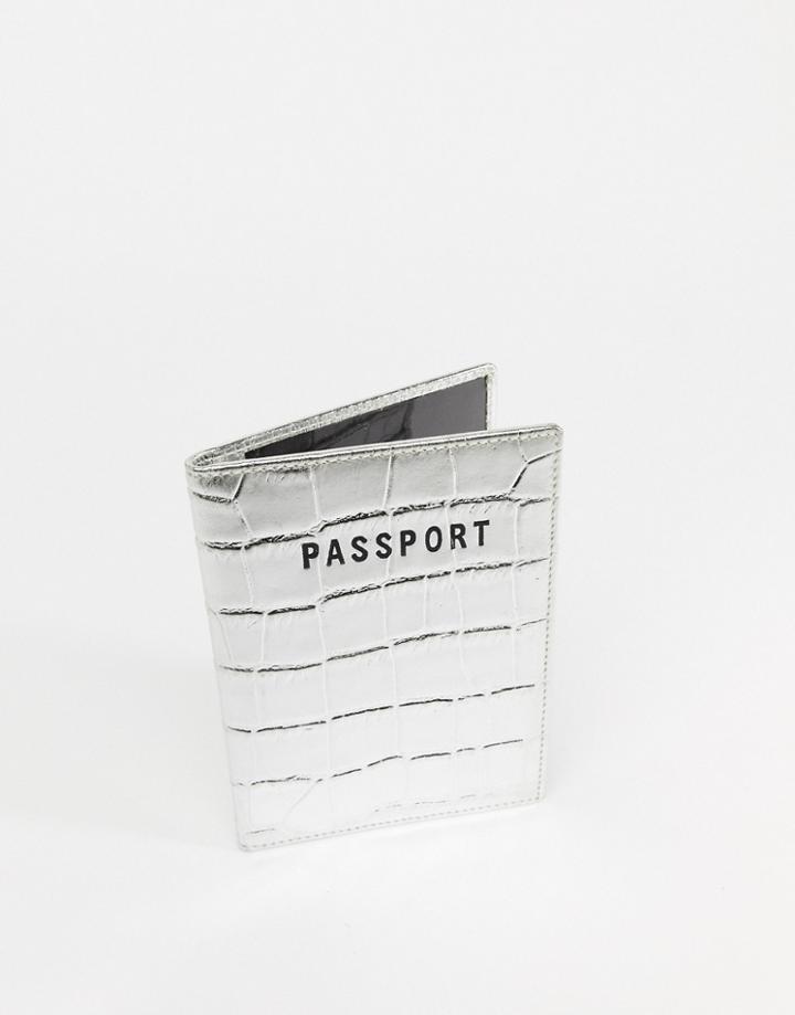 Asos Design Leather Passport Holder In Silver With Croc Emboss - Silver
