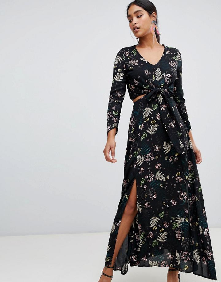 Liquorish Leaf And Floral Print Cutaway Maxi Dress - Black