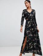 Liquorish Leaf And Floral Print Cutaway Maxi Dress - Black