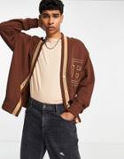 Asos Design Oversized Jersey Cardigan In Brown With Varsity Letter Embroidery
