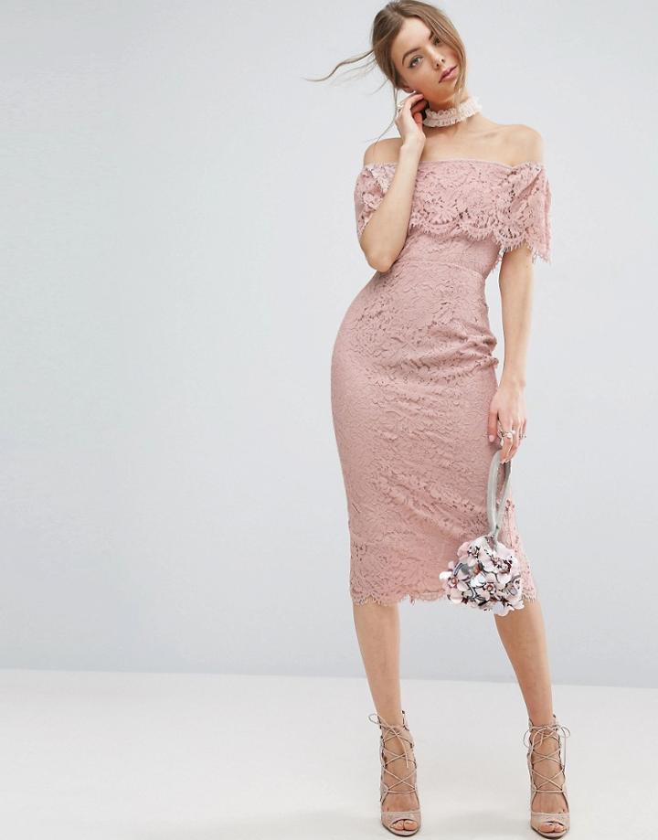 Asos Lace Bardot Pencil Midi Dress - Pink