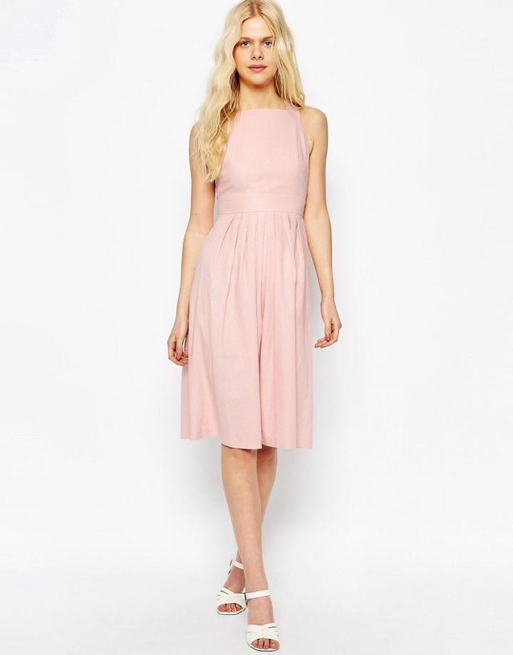 Asos Linen Pinny Midi Dress - Pink