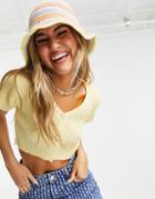 Daisy Street Cropped Knitted Short Sleeve Cardigan In Lemon-yellow