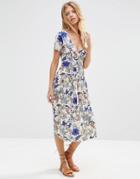 Asos Wrap Midi Dress With Pleats In Floral Print - Multi