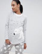 Hunkemoller Polar Bear Snow Fleece Long Sleeve Pyjama Sweater In Gray - Navy