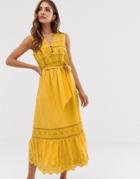 Esprit Broderie Tie Waist Midi Dress In Yellow - Yellow