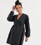 Asos Design Maternity Denim Wrap Smock Mini Dress In Black