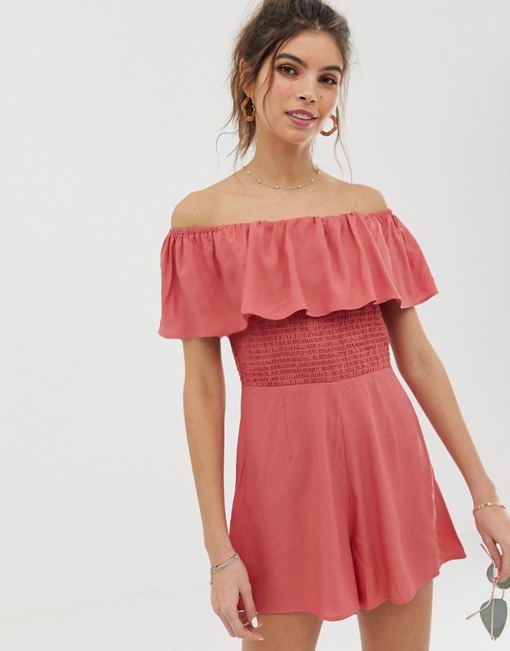 Asos Design Off Shoulder Ruffle Romper With Shirring - Pink
