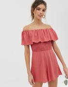 Asos Design Off Shoulder Ruffle Romper With Shirring - Pink