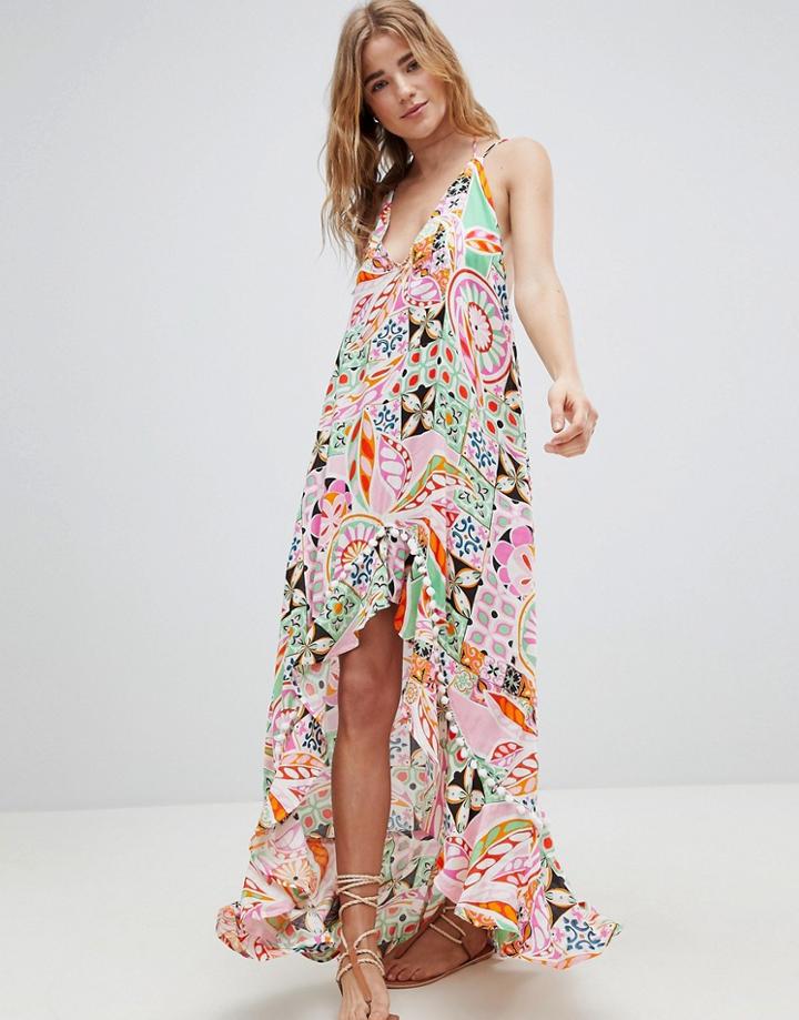 Asos Design New Retro Print Pom Pom Trim High Low Hem Maxi Beach Dress - Multi