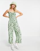 Asos Design Tie Front Shirred Waist Culotte Jumpsuit In Sage Green Floral-multi