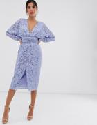 Asos Design Midi Dress With Batwing Sleeve And Wrap Waist In Scatter Sequin - Blue
