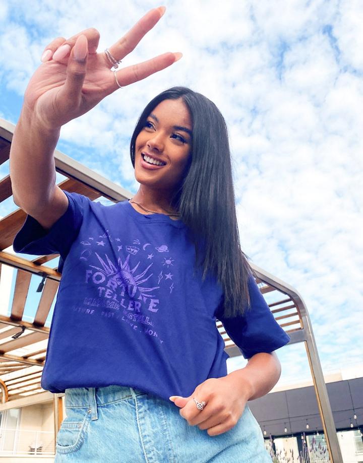 Daisy Street Relaxed T-shirt With Fortune Teller Print-navy