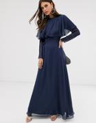 Asos Design Long Sleeve Cape Back Maxi Dress With Tie Waist-blue