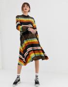 Ghospell Midi Dress With Tie Waist In Bold Stripe - Multi