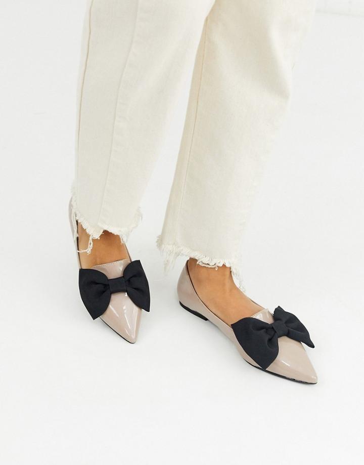 Asos Design Lake Bow Pointed Ballet Flats In Beige-gray